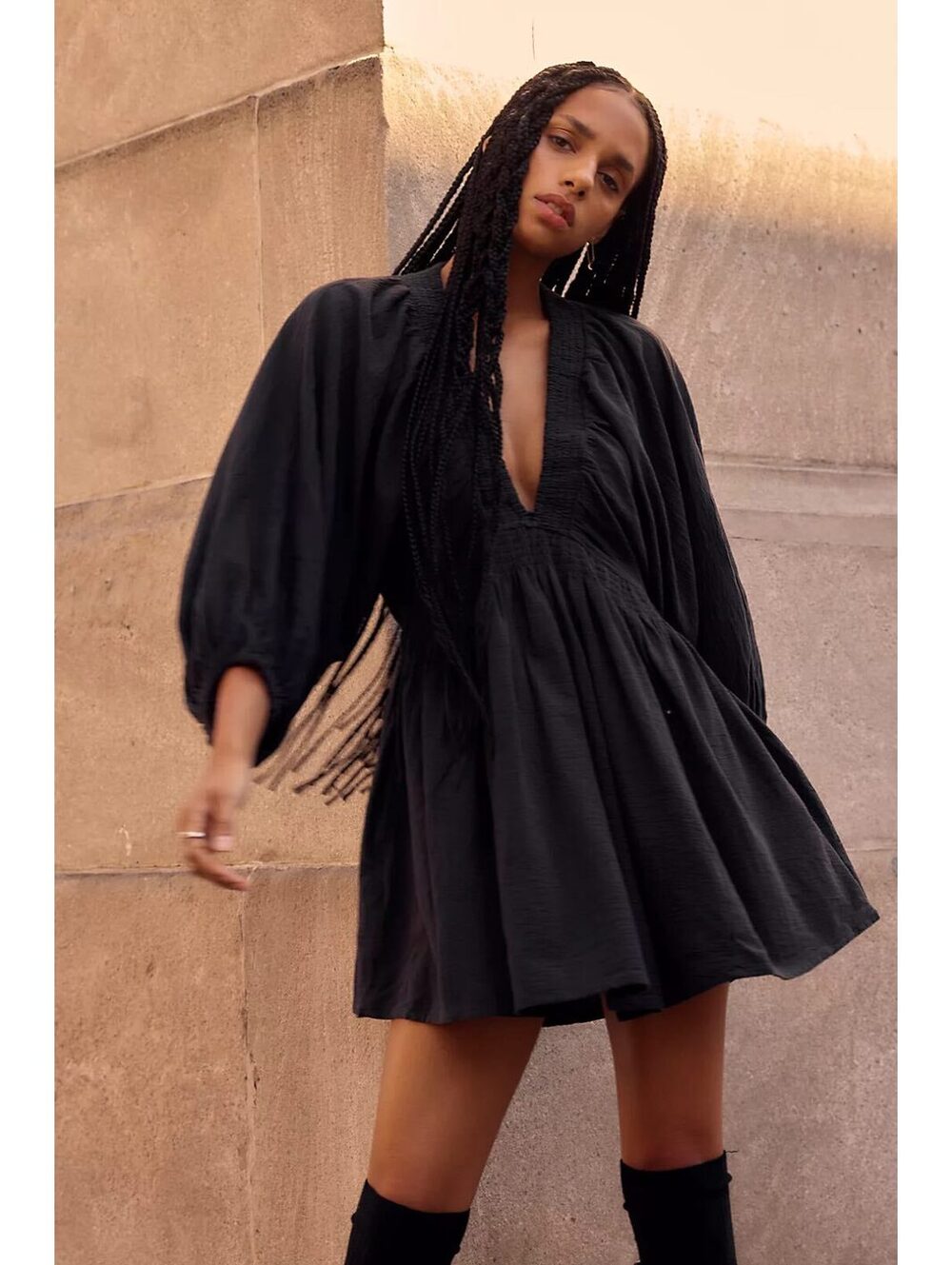 Free People For The Moment Mini Dress Black Cotton Boho Balloon Sleeve Size S